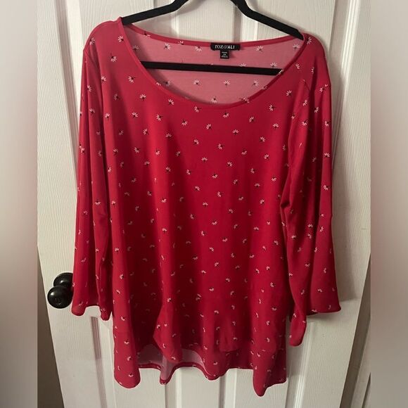 ROZ & ALI Red w/tiny Flowers, Asymmetrical Hem , WOW Sleeves, Top/ Blouse SZ 2X - Picture 4 of 7